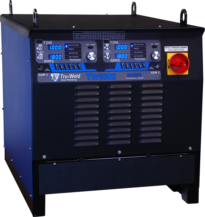 Truweld TW6802 complete stud welding system with dual guns for 1" studs, featuring digital controls, displays, and safety switch.