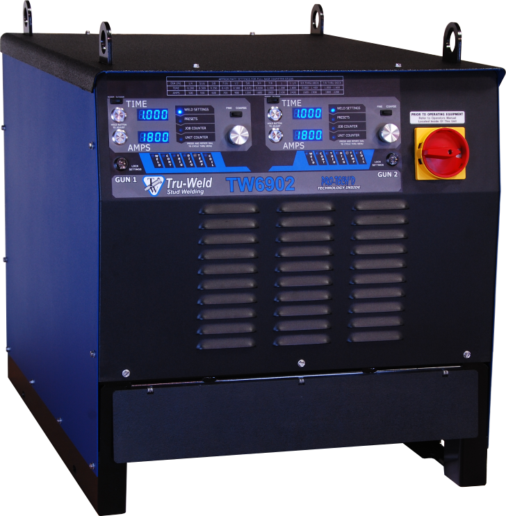 Truweld TW6902 stud welding system with dual guns, digital controls, and safety switch for 1-1/4" studs.